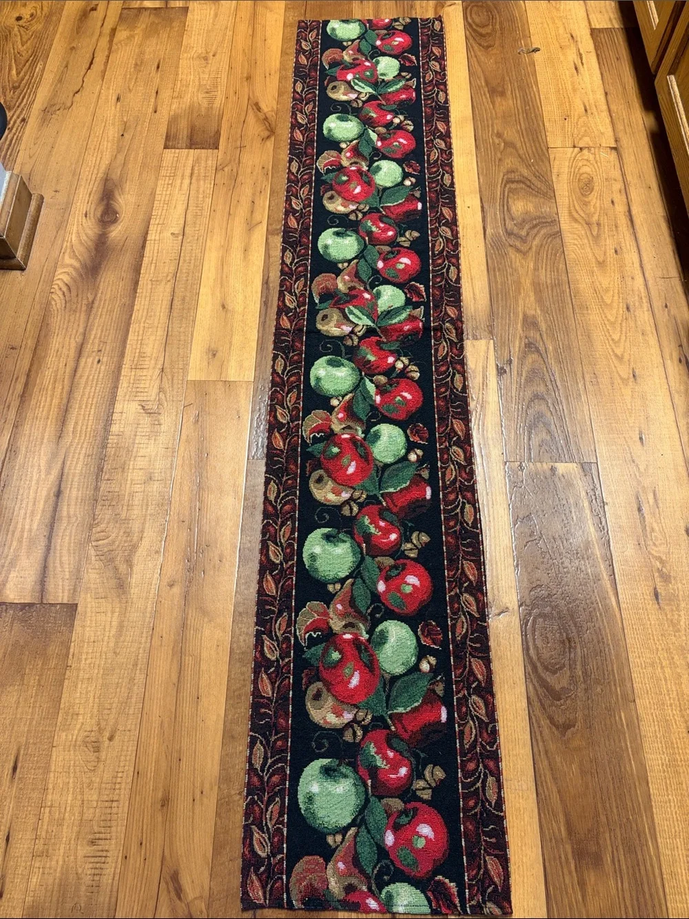 Vintage Tapestry Table Black Runner with Red and Green Apple Motif 64x12.5 EUC